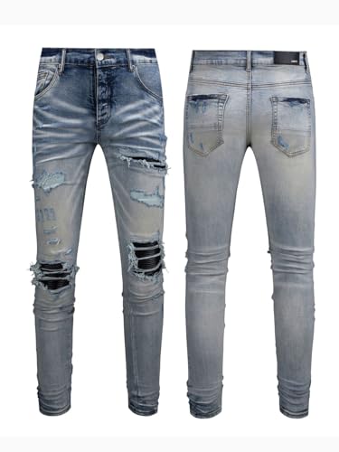 Jeans Pants Trousers Denim Black Patchwork Street Style Men's Nostalgic Laundry Piercing Slimming Stretch Wear4