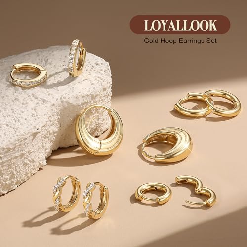 LOYALLOOK Small Gold Hoop Earrings for Women Trendy 14K Gold Plated Chunky Huggie Earrings Stacks Hypoallergenic Dainty Twisted CZ Cartilage Hoop Earring Sets for Multiple Piercing Lightweight4