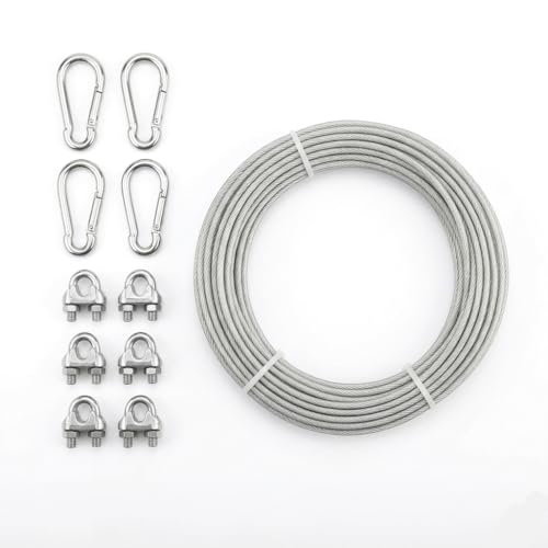 Image of 20 Meters 4mm Heavy Duty PVC Coated Stainless Steel Wire Rope Kit Rust-Proof Steel Cable with 4 UClamps & 2+2 Carabiner Hooks Multipurpose Wire for Balcony Clothesline, Hoisting & DIY