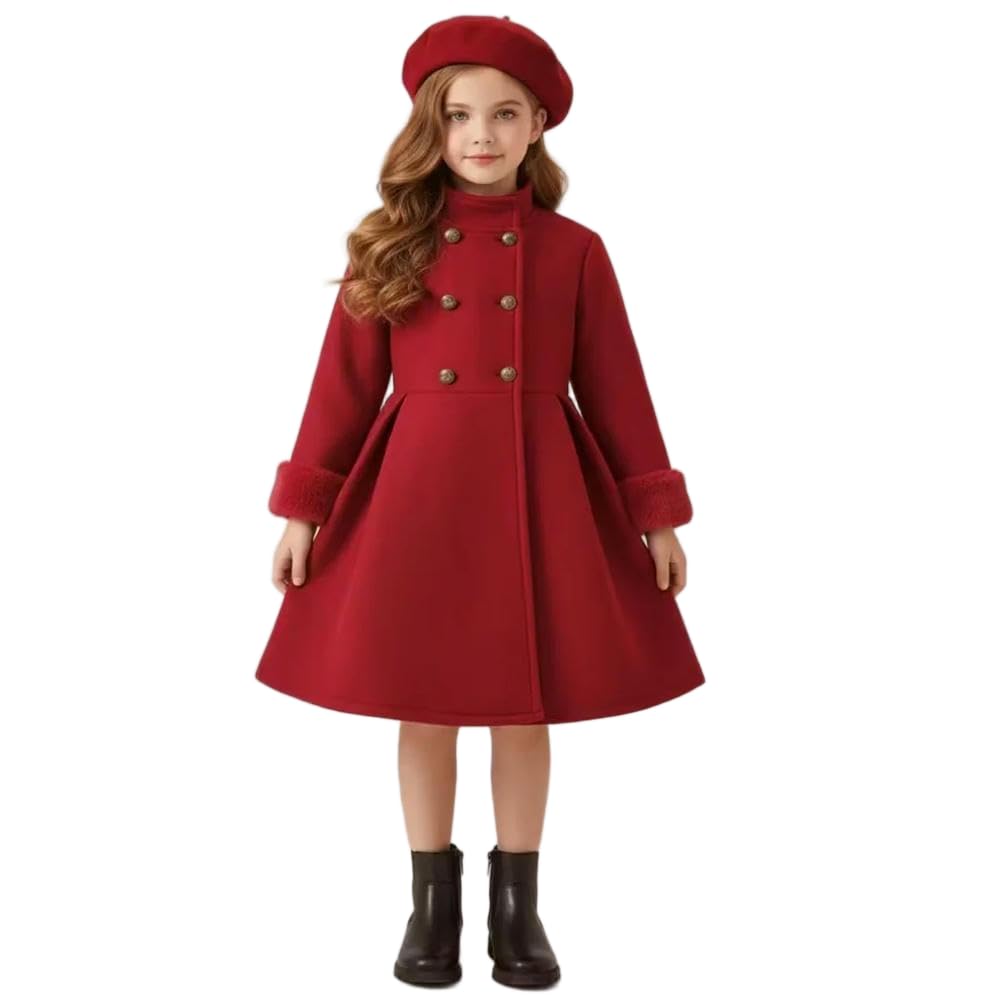 JCVBN Zestaw płaszczy polarowych dla młodych dziewczynek, czerwony beret, kurtka zimowa, jesienna kurtka z długim rękawem, ciepła odzież wierzchnia, dziewczęcy strój księżniczki