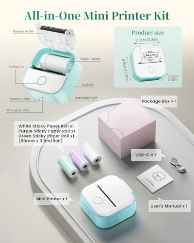 Mini Drucker - T02 Mini Drucker für Smartphone Fotodrucker Mini Thermodrucker Bluetooth Etikettendrucker Sofortdruck Aufkleber Drucker für Geschenke, Studiennotizen, Anatomische Diagramme, Fotos