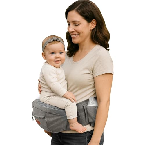 Portabebés SUNVENO para Bebé, Asiento Ergonómico de Cintura para Cadera con Descompresión, Porta-tejidos Blandos de Tela Ligera Certificada para Recién Nacidos, Niños, 6-38 lbs, Gris (HC2963-GY-E-VC)