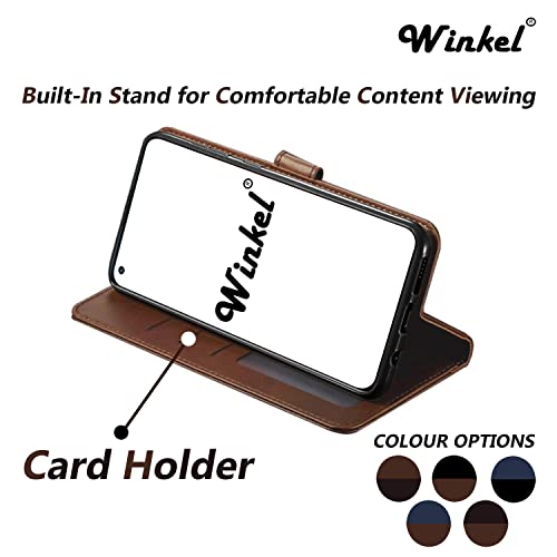 Image of Winkel Premium Vegan Leather Dual Flip Magnetic Mobile Cover Case | Kickstand & Card Holder | 360 Degree Grip Protection| Wallet Type with Magnetic Closure for VIVO V21E 5G -(Brown with Coffee)