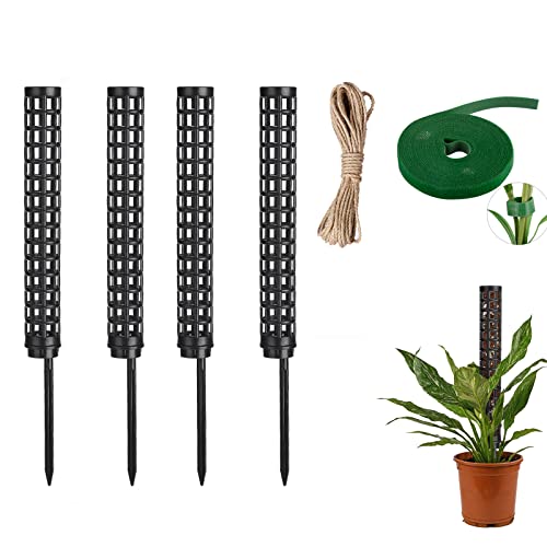 Flueyer 4 postes de musgo de plástico para plantas Monstera, postes de plantas para plantas trepadoras con 1 rollo de cuerda y cintas adhesivas, soporte de plantas para plantas de interior Cover