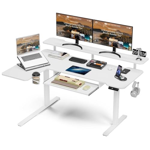 Image of Acrolix 59 inch L Shaped Standing Desk with Shelves Keyboard Tray,White