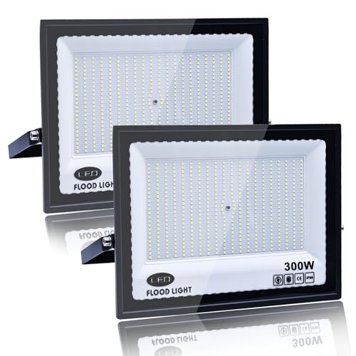 Tkdaksy 2 Piezas Focos LED Exterior 300W, 1M Cable Blanco Frío 6500K Proyector LED Exterior, Resistente al Agua IP66 Foco Proyector LED, 30000LM para Terrazas, Patios, Balcones, Parques