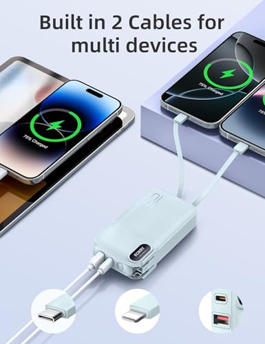 Image of RORRY Portable Charger w /Wall Plug 10000mAh Power Bank 22.5W Battery Pack | Built in Cables, Fast Charging, for iPhone, iPad, Samsung Galaxy, Pixel, LG, Travel Essential, Digital Display, Pocket Size