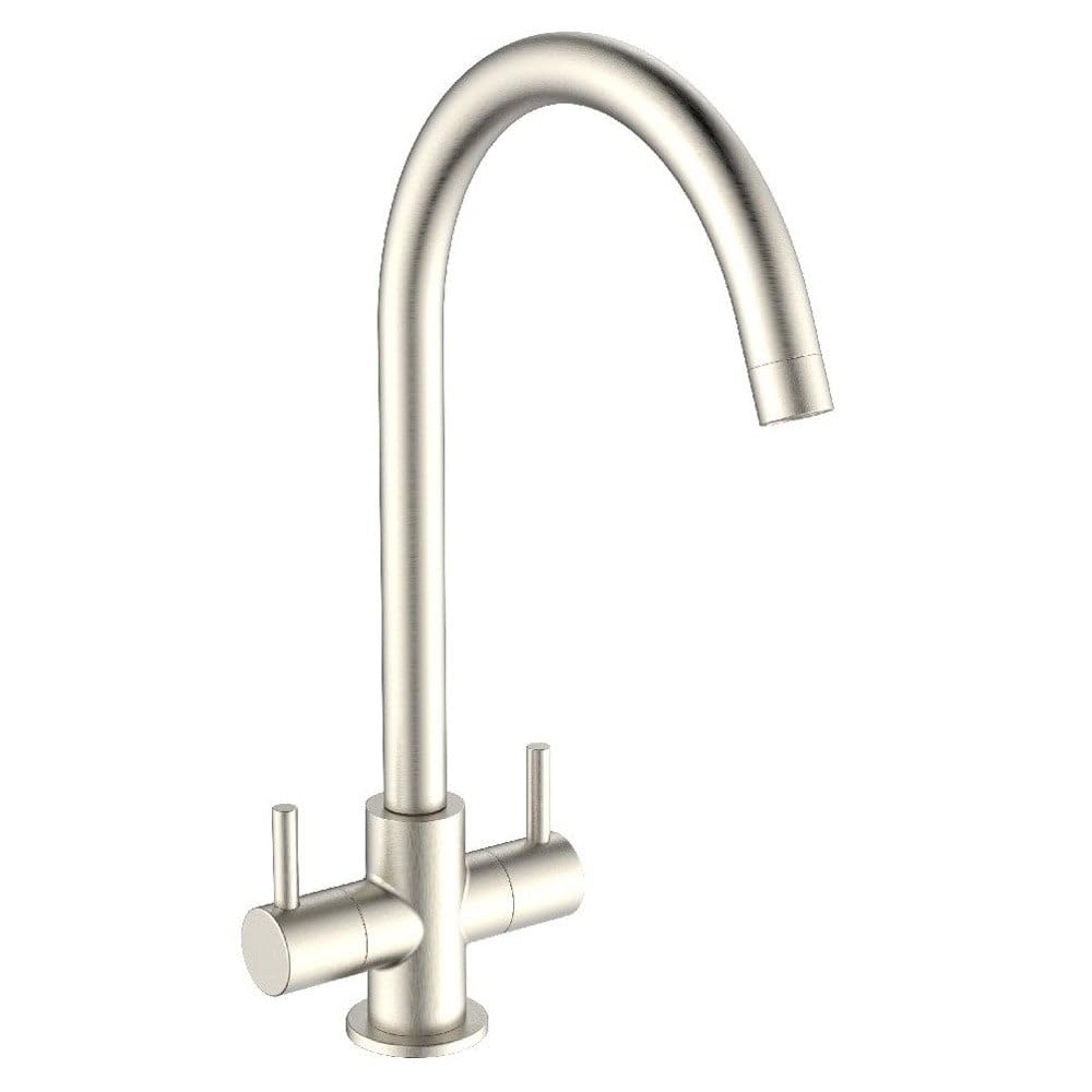 Corso Bathrooms Brushed Nickel Corso Evolution Twin Lever Kitchen Mixer Tap | Twin Lever | Finish | Swan Neck Swivel Spout