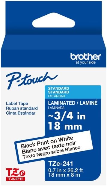 Genuine Brother 3/4" (18mm) Black on White TZe P-Touch Tape for Brother PT-E300, PTE300 Label Maker with Free TZe Tape Guide Included