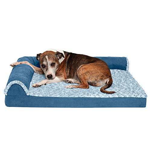 Furhaven Orthopedic Pet Bed for Dogs and Cats - L Chaise Sofa Two-Tone Plush Fur and Suede Couch Dog Bed with Removable Washable Cover, Marine Blue, Large