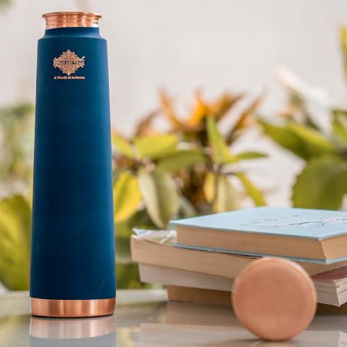 Image of INDIAN ART VILLA Pure Copper Peacock Blue Pyramid Ombre Silk Finish Bottle - 800 ML, Ayurvedic Health Benefits, Ideal for Home, Office, Gym & Travel