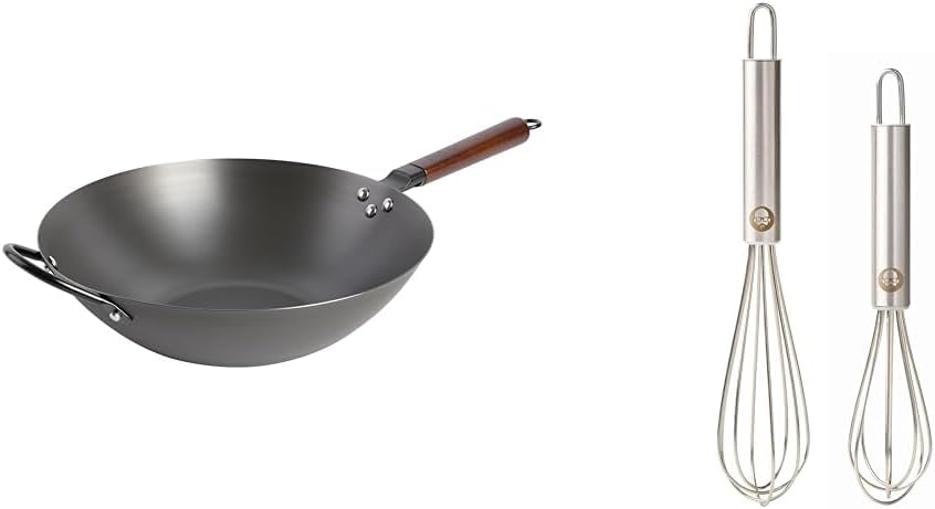 Babish Carbon Steel Flat Bottom Wok and Stir Fry Pan, 14-Inch & 2-Piece Stainless Steel Tiny Whisk Set