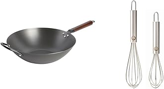 BabishCarbon Steel Flat Bottom Wok and Stir Fry Pan, 14-Inch & 2-Piece Stainless Steel Tiny Whisk Set