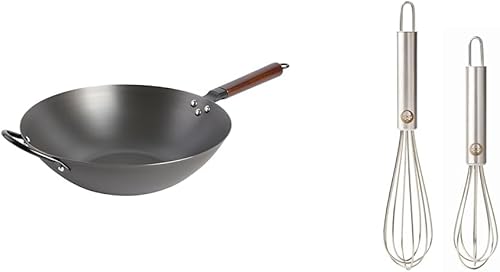 Babish Wok de fondo plano de acero al carbono y sartén para freír, juego de batidor pequeño de acero inoxidable de 14 pulgadas y 2 piezas