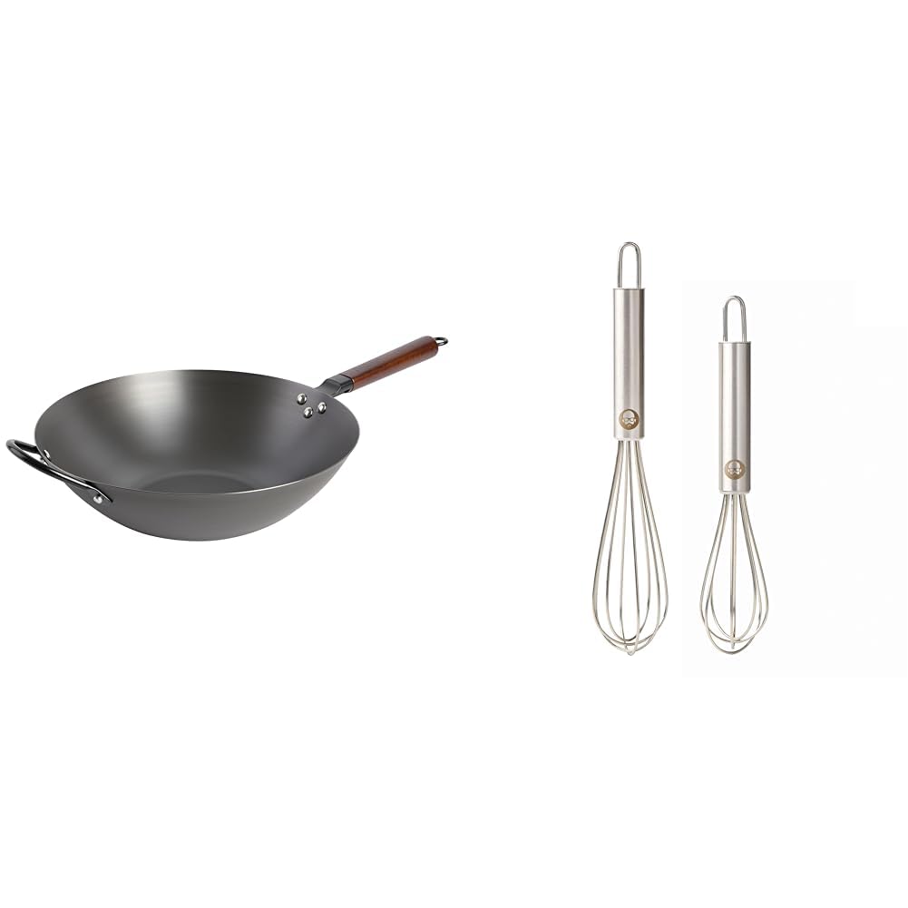 BabishCarbon Steel Flat Bottom Wok and Stir Fry Pan, 14-Inch & 2-Piece Stainless Steel Tiny Whisk Set