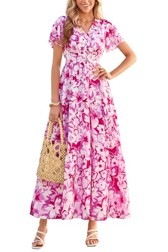 PRETTYGARDEN Women Summer Maxi Dresses 2026 Short Sleeve V Neck Button Floral Tiered Flowy Boho Sundress Beach Outfits(Floral White Rose Red,Small)