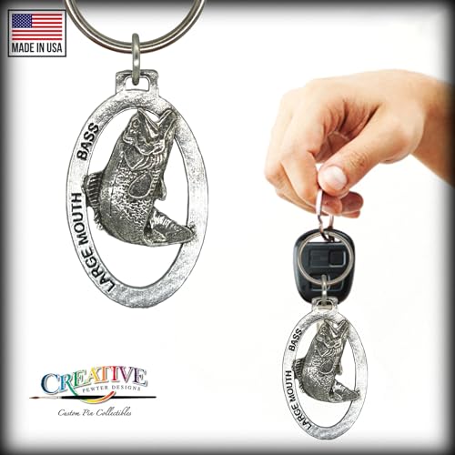 Largemouth Bass Keychain, Pewter, F085KC, 1 3/4”, 100% Handmade in the USA, Fish Keychain, Black bass, bucket mouth, Key Chain, Key Ring, Key Fob, Fishing Gift, 200 Fish Designs Available.3