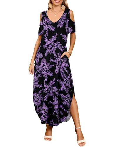 JollieLovin Womens Plus Size Casual Summer Maxi Long Dress Cold Shoulder V Neck Beach Sundresses(2X,Flower104)