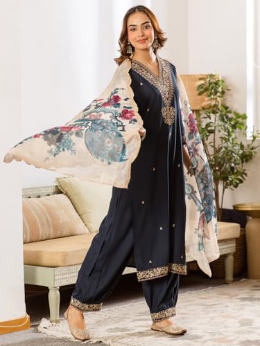 Image of INDO ERA Women's Rayon Viscose Rayon Embroidered Straight Kurta & Salwar with Dupatta Set