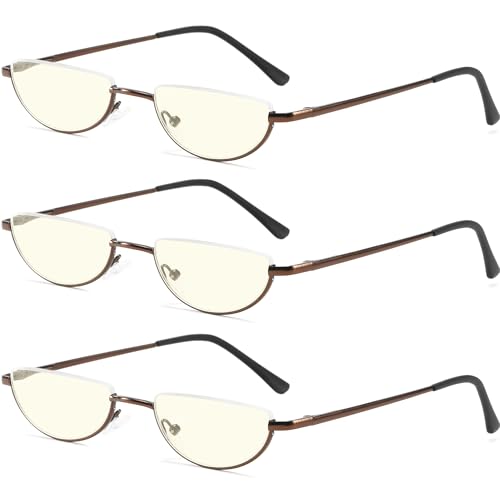 Yiwaeye 3 Pack Half Moon Reading Glasses Anti Blue Light UV, Half Frame Semi Lens Slim Spring Hinge Readers with Case for Men Women Brown +1.5