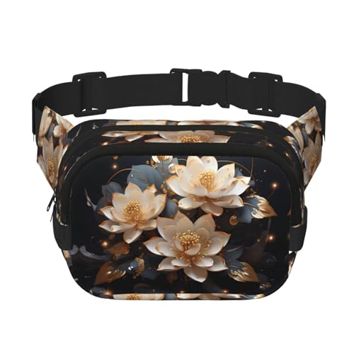 Riñonera cuadrada de doble capa de loto dorado bohemio con correa ajustable para correr, viajar, senderismo, negro, talla única, negro, talla única, Black, Talla única