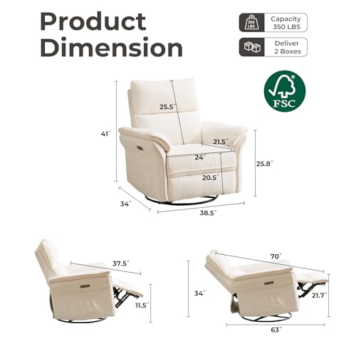 Image of Oversized Rocking Chair Nursery with Massage and Heat, Glider Recliner Nursery Chair with Adjustable Headrest, Power Swivel Rocker Recliner Chair with USB Port, White