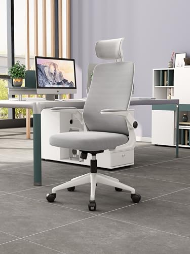 Genérico - Cadeiras de escritório em casa com rodas, cadeira de mesa ergonômica com encosto alto ajustável, cadeira giratória com apoios de braço flip-up (Cinza)