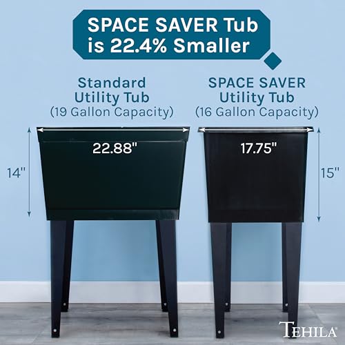 Image of Black Space Saver Utility Sink by JS Jackson Supplies, Freestanding Tehila Space Saving Laundry Tub, Black Pull-Down Faucet, Soap Dispenser