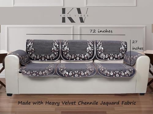 Image of Premium Jaquard Velvet Fabric Sofa Cover Set for 5 Seater Sofa, 5 Seater Velvet Cover with 6 Pcs of Arms Included, Total 16 Pcs Grey Color Sofa Cover,Flower Lines