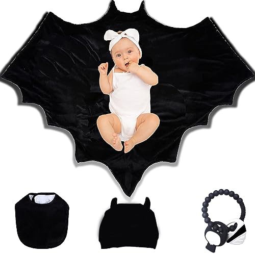 Image of Multi-Use Bat Baby Blanket Set - Black Hat with Ears, Bib, and Swaddle - Witch, Goth & Spooky Themed Baby Stuff (4PCS)