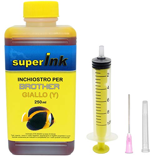 250ml-Amarillo-Tinta-superInk-especifica-para-la-Recarga-de-Las-impresoras-de-Brother-jeringa-10ml-con-Aguja-y-Tapa