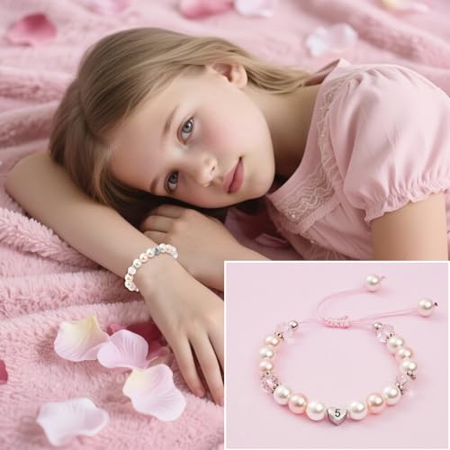 Image of Birthday Gifts for Girls Bracelets, Beaded Bracelets as 1 3 4 5 6 7 8 9 10 11 Year Old Girl Birthday Girls Presents, Adjustable Pearl Bracelet with Letter as Birthdays Girl for Daughter Niece