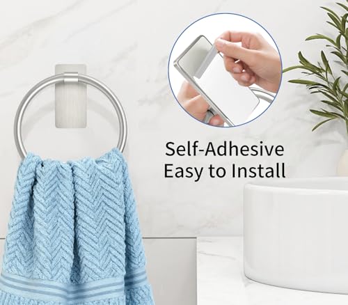 Image of STWWO Brushed Nickel Towel Ring, Hand Towel Holder for Bathroom, Self Adhesive Hand Towel Rings for Bath, Kitchen, RV, No Drill Hole