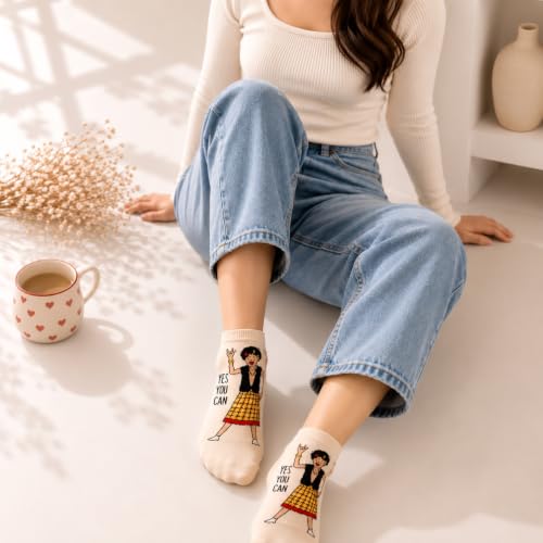 Image of THELA GAADI Girl Power - Pure Cotton Quirky Socks for Women | Funky Cute Ankle Socks for Girls & Women | Odour Free, Breathable & Free Size