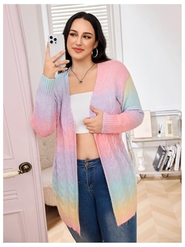 Image of MakeMeChic Women's Plus Size Rainbow Colorful Cardigans Open Front Long Sleeve Knit Cardigan Sweater