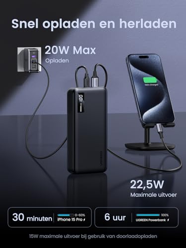 UGREEN Power Bank 20000mAh 22.5W, Externe batterijlader met USB C-ingang en uitgang PD 20W Powerbank met digitaal display, compatibel met iPhone 16 Pro Max/16/15/14, Galaxy S24 Ultra, Pixel 8 en meer. - Afbeelding 5