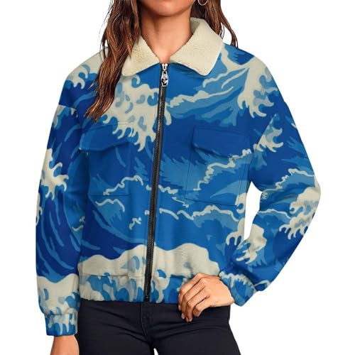 Veste polaire femme chaude en Sherpa épais zippé à motif bleu royal