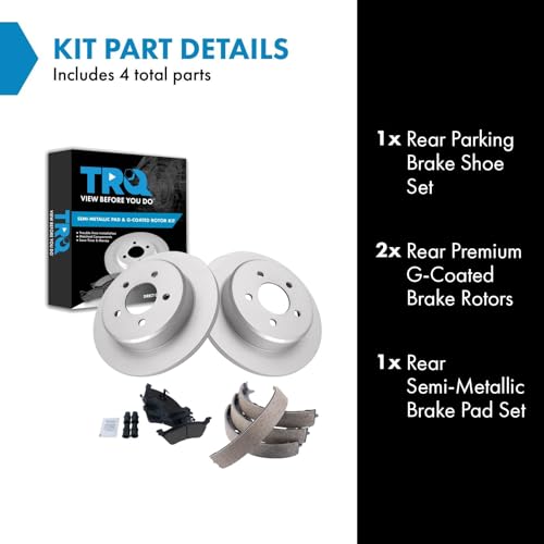 Image of TRQ Rear Brake Pad and Rotor Set Semi Metallic Coated Rotors Parking Shoe Compatible with 2001-2007 Chrysler Town & Country Dodge Caravan Grand Caravan