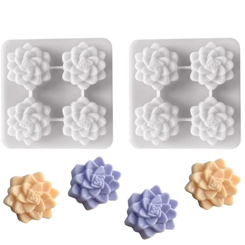 DD-life 2 Pcs 4 Cavity Succulent Plants Flower Silicone Molds,4 Cavities Flower Silicone Soap Molds for Handmade Soap Bath Bombs Candle Cake Decorating Candy Pudding Mousse Birthday Party Moulds