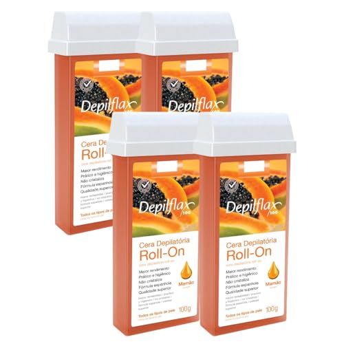 Kit 4 Refil Cera Depilatoria Corporal Profissional Depilação Roll On Depilflax Mamao 100g