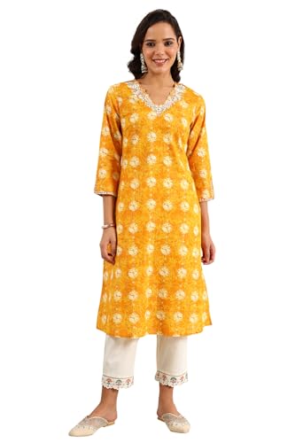 Image of W for Woman Marigold Yellow Floral Printed Metallic Embroidered Neck Cotton Blend Straight Kurta