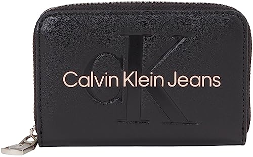 Calvin Klein Jeans Femme Portefeuille Sculpted Med Zip Mono Petit, Noir (Black With Rose), Taille Unique