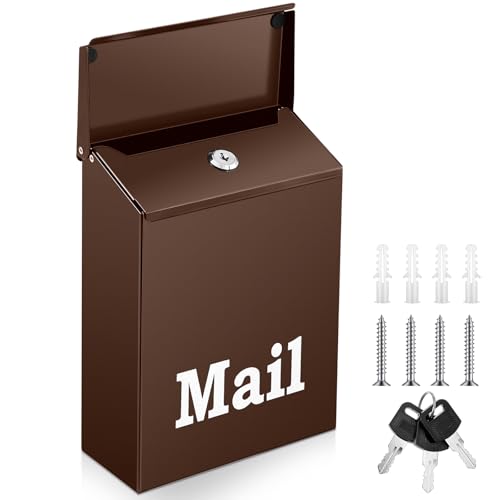 MorningRo 10 x 7 x 3 Inch Small Brown Wall Mount Mailbox with Lock Key for Outside Apartment Porch Rust Proof Security Key Drop Box for Letters Newspapers Cards