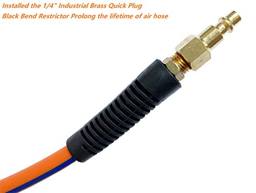 SANFU Hybrid Air Hose 1/4-Inch x 25ft 300 PSI Heavy Duty, Lightweight, Kink Resistant, All-Weather Flexibility with Brass Quick Coupler and Plug, Bend Restrictors, Orange(25\')