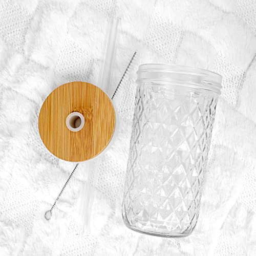 Mason Jar With Lid And Straw, 20Oz Wide Mouth Mason Jar Drinking Glasses Tumbler With Silicone Sleeve Bamboo Lid Glass Straw, 2 Packs Reusable Boba Cups Travel Bottle For Iced Coffee Large Pearl Juice #TOP6