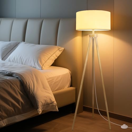 Aigostar Lampa Podłogowa Vintage E27, Klosz z Tkaniny w Kolorze Piaskowym, Trójnóg, Stylu Skandynawskim z Wygodnym Włącznikiem Nożnym, Idealna do Salonu, Sypialni i Innych Pomieszczeń (Bez Żarówki)
