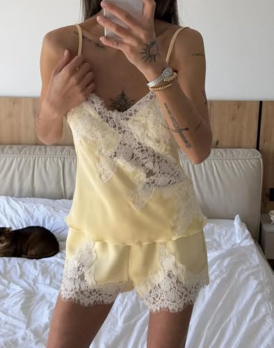Image of Women Lace Trim Coquette Shorts Set Silk Satin 2Pcs Pajama Set Sleepwear