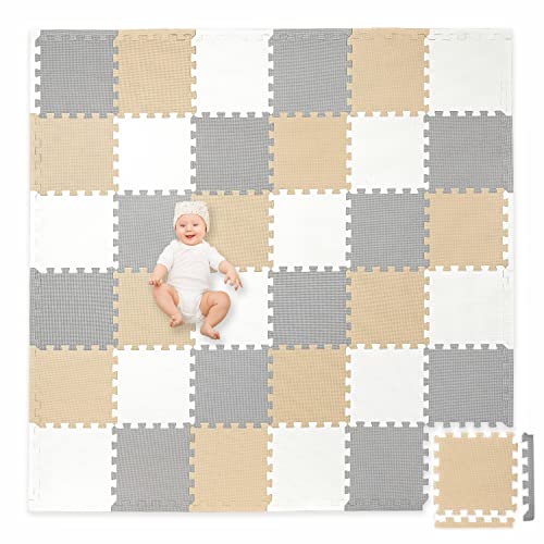 Non-Toxic Foam Puzzle Floor Mat, Comfortable, Extra Thick, Cushiony Exercise And Play Mat For Toddlers, Kids & Adults, 36 Tiles (12"X12"), Warm Grey/Cream/Sand #TOP17
