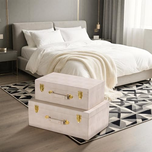 Sagala Set of 2 Large Decorative Storage Trunks, Beige Shagreen StorageTrunks And Chests with Handle, Faux Leather Large Storage Boxes for Home Organization Decor (Beige) by Generic - Used condition - Image 5