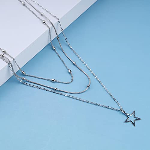 Iaceble Bohemia Hollow Star Choker Necklace Layered Star Pendant Necklace Chain Vintage Silver Satellite Necklace Multilayer Beaded Necklace Chain Jewelry For Women And Girls #TOP3